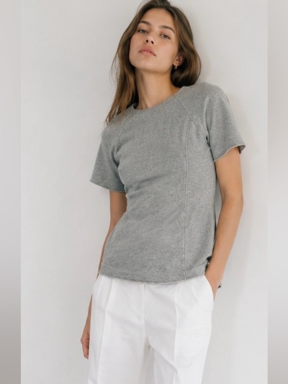 Derek Lam 10 Crosby 100% Cotton Sculpted Knit Top Gray Raw Edge Designer Sz 0